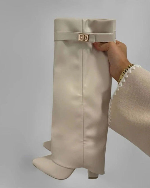 Pointed Toe Knee Fold Over Leather High Boots