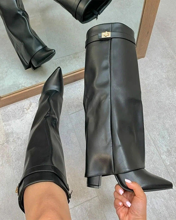 Pointed Toe Knee Fold Over Leather High Boots