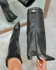 Pointed Toe Knee Fold Over Leather High Boots