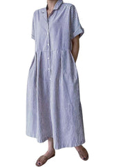 Women's Cotton Striped Shirt Dress Button Up Short Sleeve Midi Long Shift Dress with Pockets(Buy 2 free shipping)